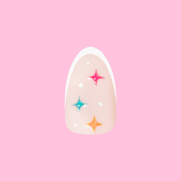 3D Gem French - Press-On | Medium | Almond nail with white tips and colorful puffy gemstone accents for an easy mani