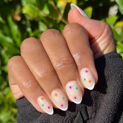 3D Gem French - Press-On | Medium | Almond shimmering silver french tips with colorful puffy gemstone accents for easy mani
