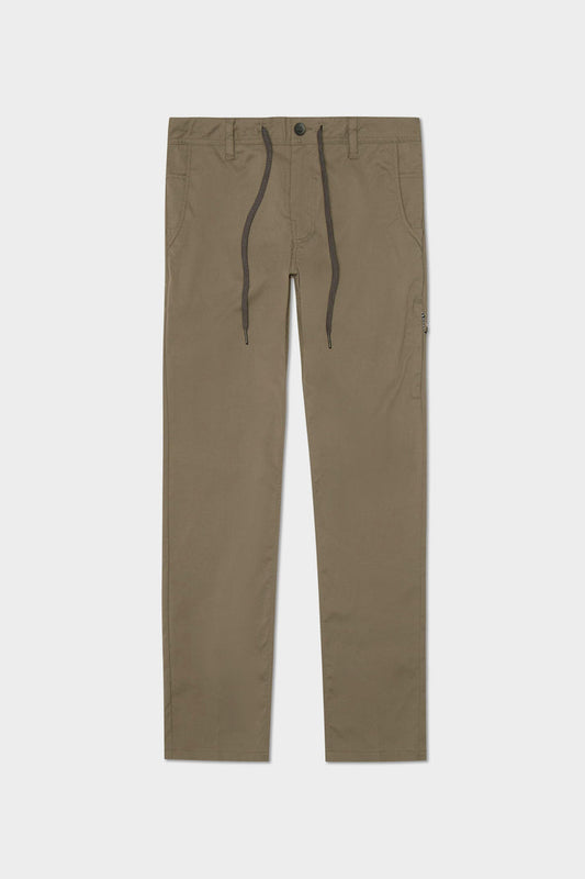 The 686 Mens Everywhere Merino-Lined Pant - Slim Fit, in khaki, features a drawstring waistband, button closure, front and side pockets, and is designed for warmth in cold weather. Shown on a plain white background.