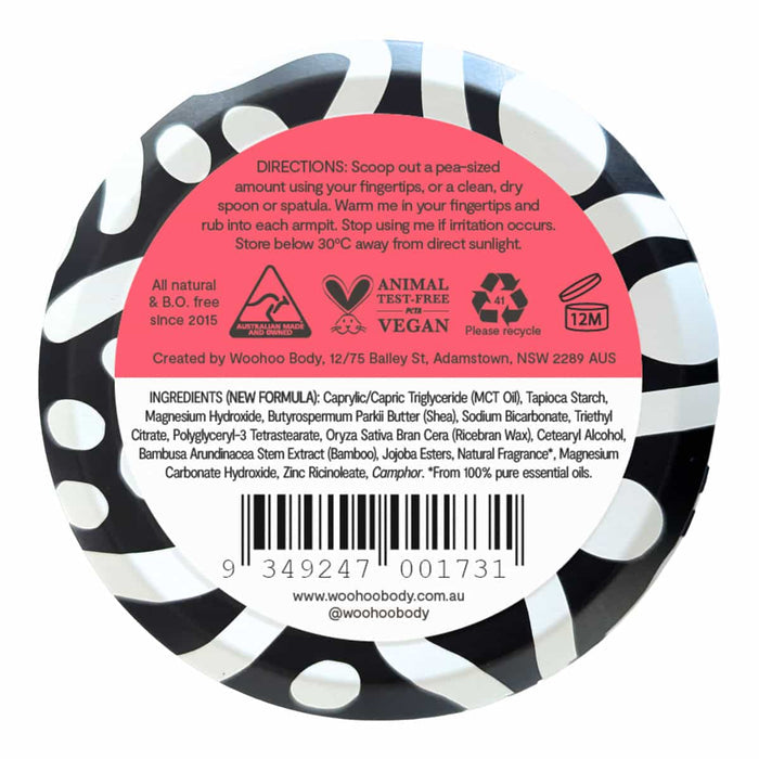 Back of Woohoo Deodorant paste with ingredients + product info.