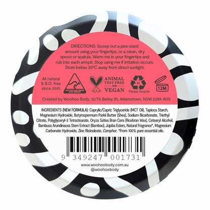 Back of Woohoo Deodorant paste with ingredients + product info.