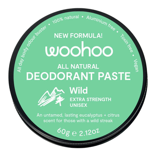 Woohoo All Natural Deodorant Paste in a black tin. Wild - an untamed, lasting eucalyptus + citrus scent.