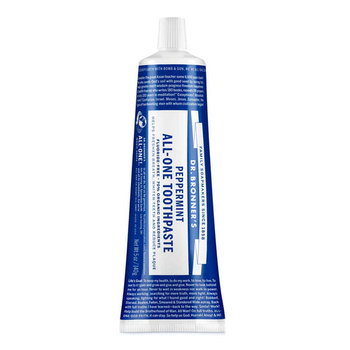 Front of Dr Bronner's All-One Peppermint Toothpaste on a white background.