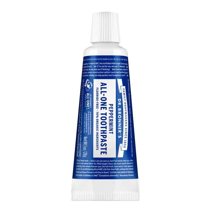 Dr. Bronner's All-One Peppermint Toothpaste tube on a white background