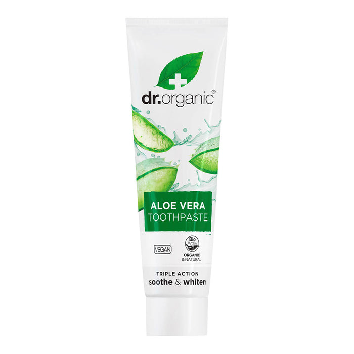 100ml tube Dr. Organic Aloe Vera Toothpaste with fluoride, vegan and cruelty free formula.