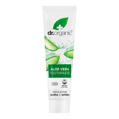 100ml tube Dr. Organic Aloe Vera Toothpaste with fluoride, vegan and cruelty free formula.