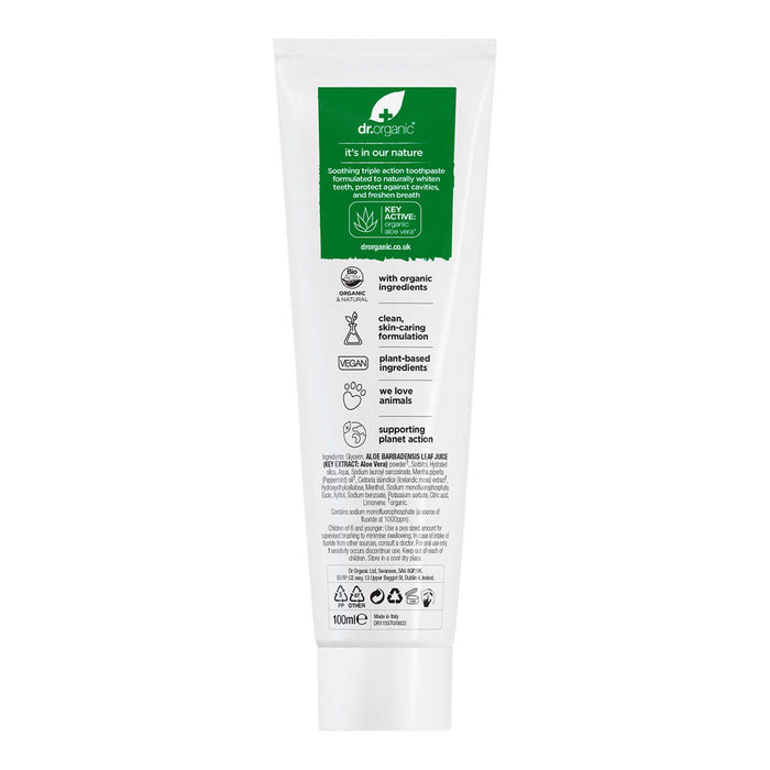 Back of 100ml tube Dr. Organic Aloe Vera Toothpaste with fluoride, showing ingredients.