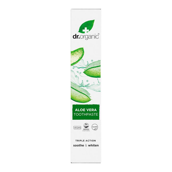 100ml box Dr. Organic Aloe Vera Toothpaste with fluoride, vegan and cruelty free formula.