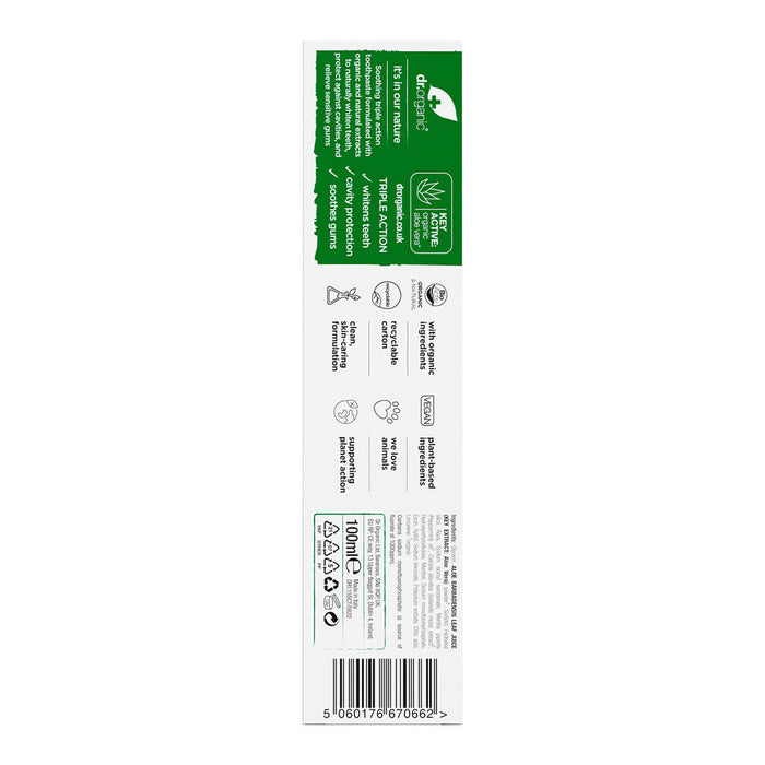 Back of 100ml box Dr. Organic Aloe Vera Toothpaste with fluoride, showing ingredients.