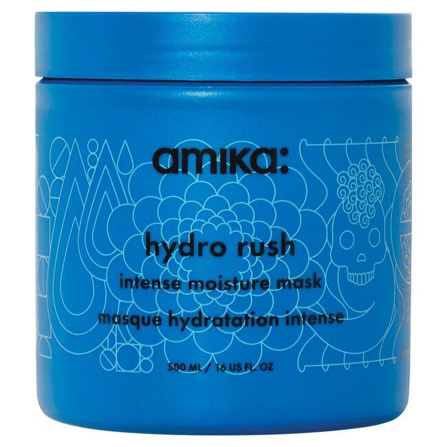 Blue container of amika hydro rush intense moisture mask on a white background - Hair Care Canada