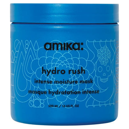 Blue container of amika hydro rush intense moisture mask on a white background - Hair Care Canada