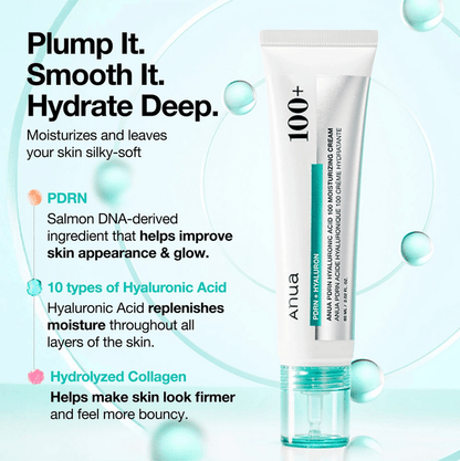 Anua PDRN Hyaluronic Acid 100 Moisturizing Cream 60ml كريم مرطب بحمض الهيالورونيك 100 من أنوا بي دي آر إن - Princess Cosmetics Qatar