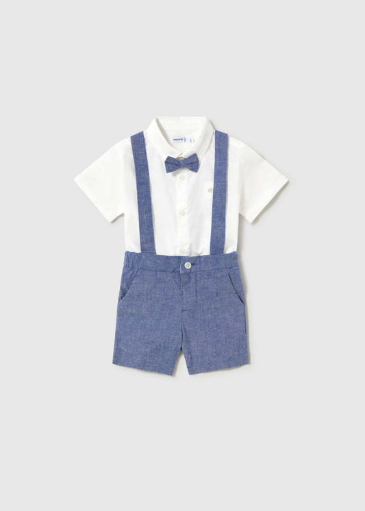 Mayoral baby boy 2-piece outfit with white buttondown shirt, bow tie, blue shorts, and suspenders.