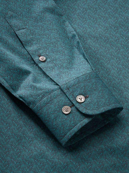 Bassano Green Printed Full Sleeve Single Cuff Tailored Fit Dark Semi Formal Cotton Shirt