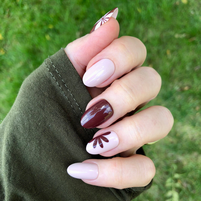 Big Duo Toned Flowers | Medium | Oval - Tab Press-On showing medium oval nails with fall floral and solid deep tones for an easy mani