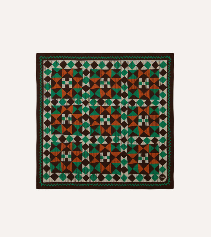 Brown Patchwork Print Wool-Silk Bandana