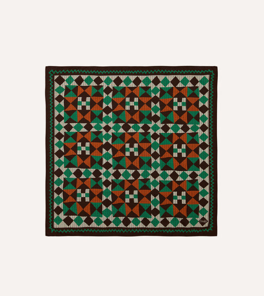 Brown Patchwork Print Wool-Silk Bandana
