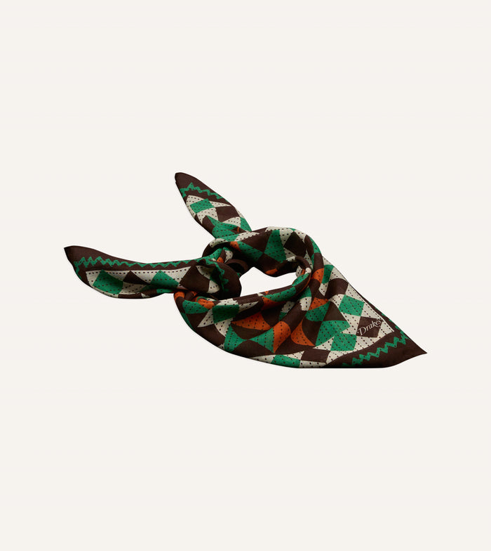 Brown Patchwork Print Wool-Silk Bandana