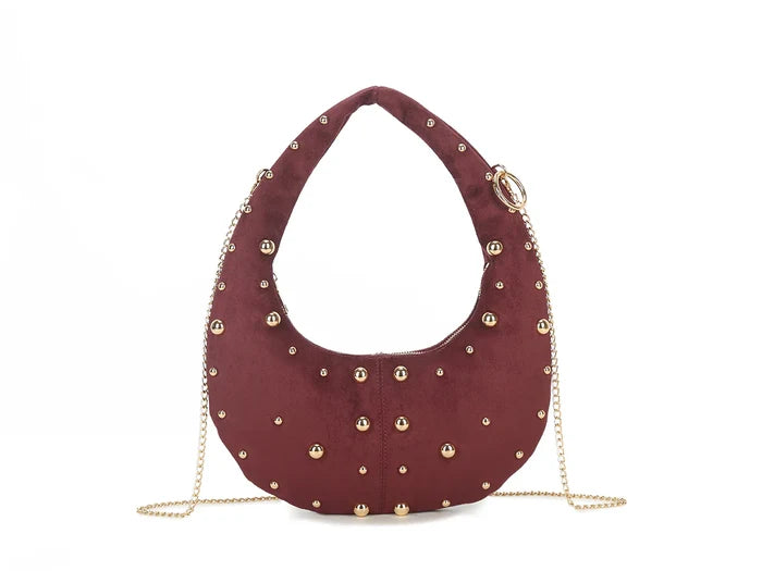 Burgundy & Gold Studded Half Moon Handbag