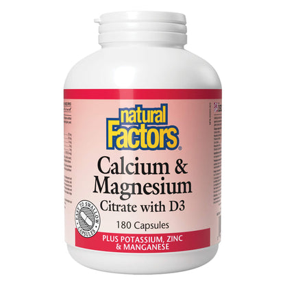 Bottle of Natural Factors Calcium & Magnesium Citrate w/ D3 180 Capsules