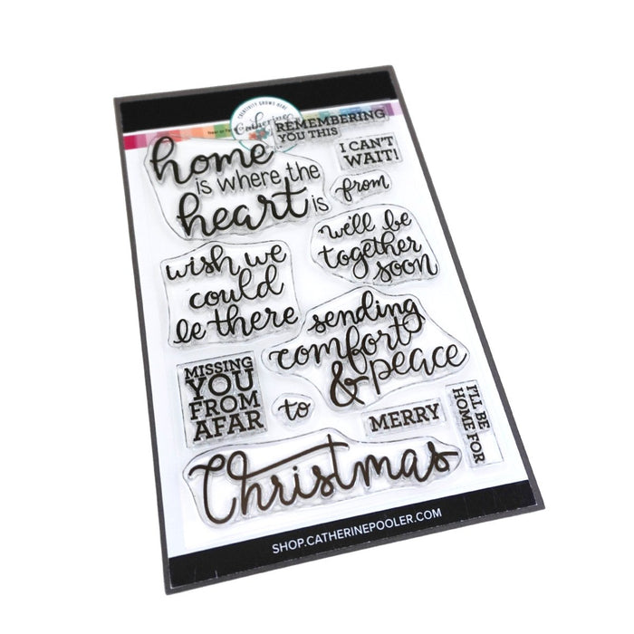 Catherine pooler - Sentiments Stamp Set - Near or Far. This Christmas, whether you find yourself with your family and friends or celebrating at home, the Near or Far Sentiments Stamp Set has just the right thought. This set has warm, hand-lettered mix and match phrases like "sending comfort & peace" and "I'll be home for Christmas". Available at Embellish Away located in Bowmanville Ontario Canada.