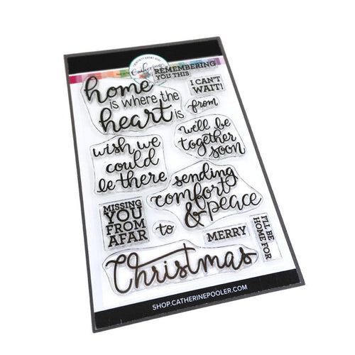 Catherine pooler - Sentiments Stamp Set - Near or Far. This Christmas, whether you find yourself with your family and friends or celebrating at home, the Near or Far Sentiments Stamp Set has just the right thought. This set has warm, hand-lettered mix and match phrases like "sending comfort & peace" and "I'll be home for Christmas". Available at Embellish Away located in Bowmanville Ontario Canada.