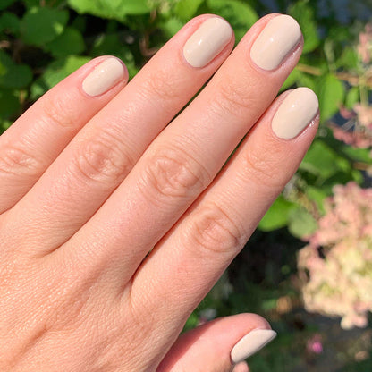 Hand with smooth manicure wearing Chemistry light almond cream polish in natural outdoor lighting.