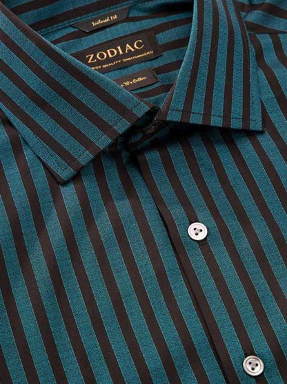 Chianti Teal Striped Full Sleeve Single Cuff Tailored Fit Dark Semi Formal Cotton Shirt