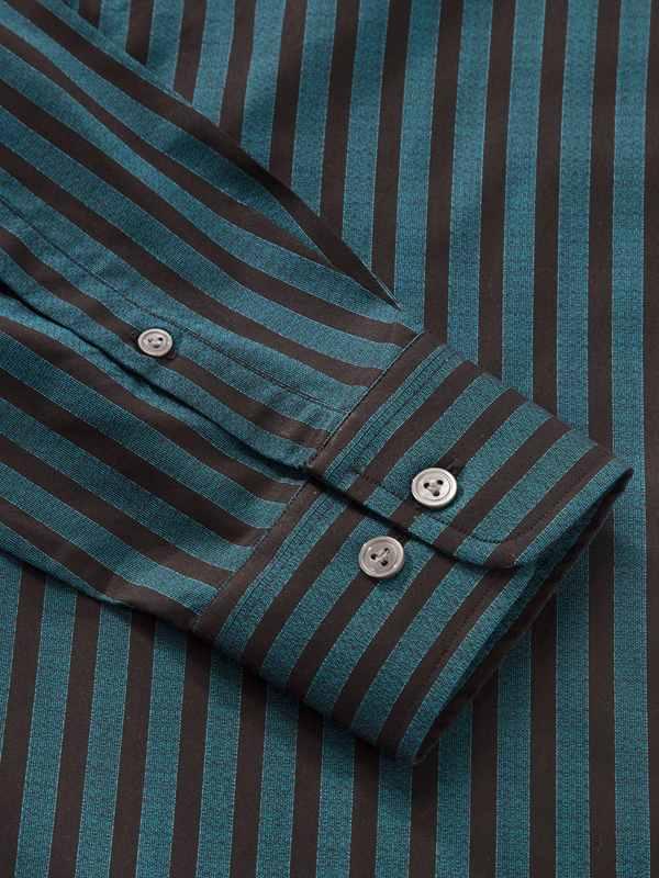 Chianti Teal Striped Full Sleeve Single Cuff Tailored Fit Dark Semi Formal Cotton Shirt