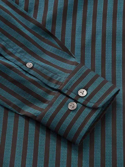 Chianti Teal Striped Full Sleeve Single Cuff Tailored Fit Dark Semi Formal Cotton Shirt