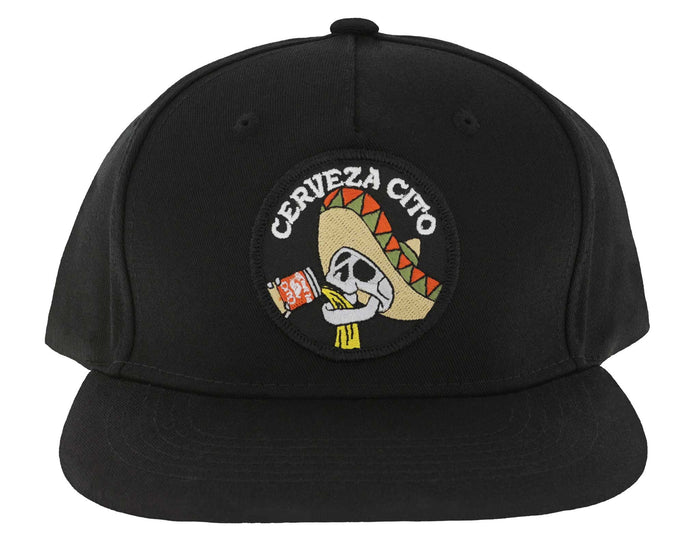 Chug Patch Hat. Black cap with 'Cerveza Cito' logo featuring a skull and sombrero design on a white background.