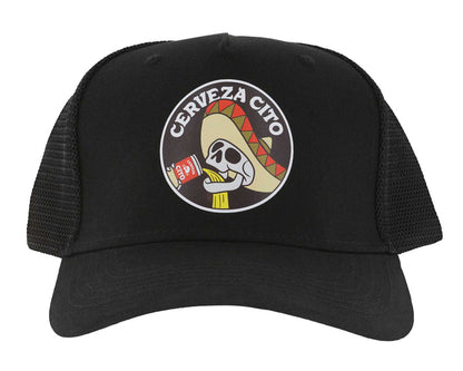 Chug Trucker Hat. Black trucker cap with 'Cerveza Cito' logo featuring a skull and sombrero design.