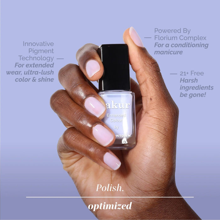 A hand with dreamy periwinkle nail polish holds a bottle labeled "Cloud Nine" by LONDONTOWN, while informative text highlights the polish’s features and benefits.