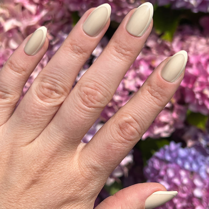 Coffee French | Almond | Medium neutral almond press-on nails with subtle asymmetrical French design for easy at-home mani