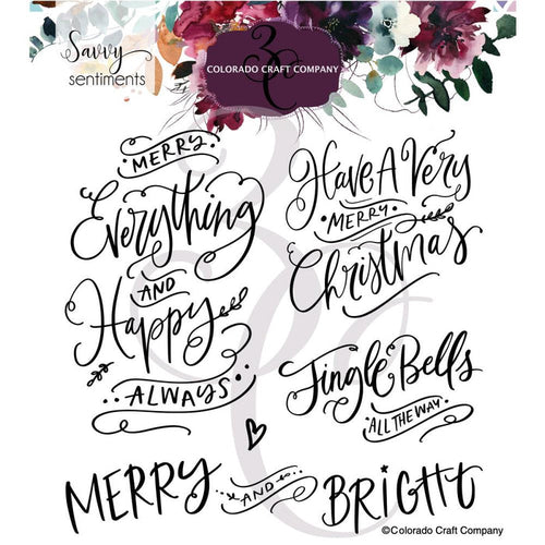 Colorado Craft Company - Clear Stamps 6"X6" - Merry Everything-Savvy Sentiments. Everything is merry with the Merry Everything Clear Photopolymer Stamp Set from the Savvy Sentiments Collection by Colorado Craft Company. The set includes a clear photopolymer stamp with 4 holiday sentiments and a small heart stamp. Available at Embellish Away located in Bowmanville Ontario Canada.
