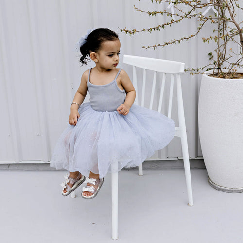 Confetti Kidz Ribbed Tulle Dress - Dusty Blue Dots