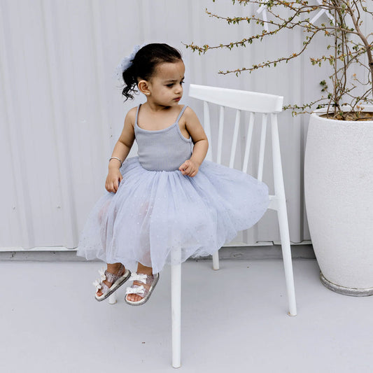 Confetti Kidz Ribbed Tulle Dress - Dusty Blue Dots