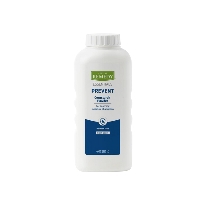 4 oz bottle of natural cornstarch baby powder, showcasing its non-caking, talc-free, and skin-soothing formula that absorbs moisture.