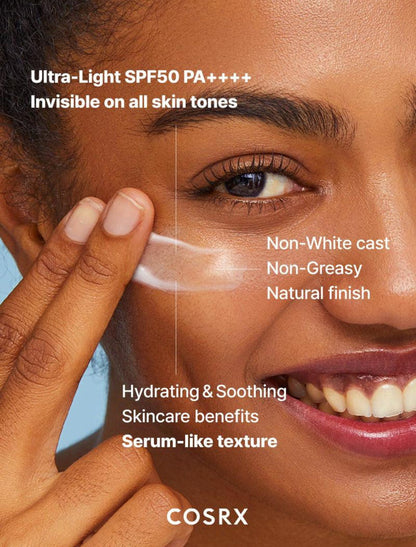 Cosrx Ultra - Light Invisible Sunscreen SPF50 PA++++ 50ml. كريم الوقاية من الشمس خفيف الوزن غير مرئي من كوسركس بعامل حماية من الشمس 50 PA++++ 50 مل - Princess Cosmetics Qatar