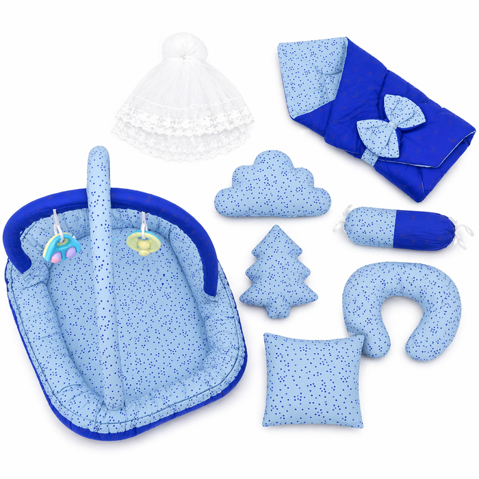 Cotton - 8 Pieces - Snuggle Bed Play Gym - Blue & Grey - Hearts - 26