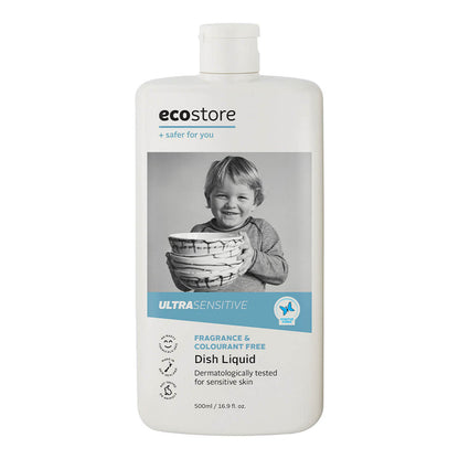 A bottle of ecostore ultra sensitive dish liquid with a black and white photo of a child holding a bowl on the label.