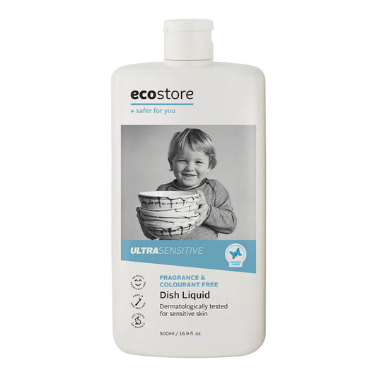 A bottle of ecostore ultra sensitive dish liquid with a black and white photo of a child holding a bowl on the label.
