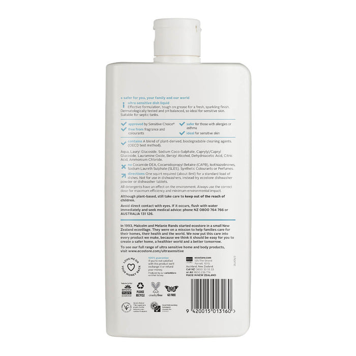 Back of ecostore dish liquid ultra sensitive, showing ingredients and other product information.