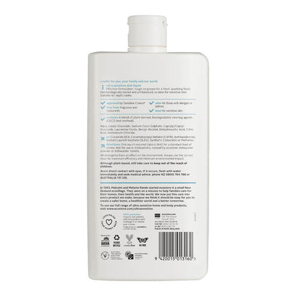 Back of ecostore dish liquid ultra sensitive, showing ingredients and other product information.