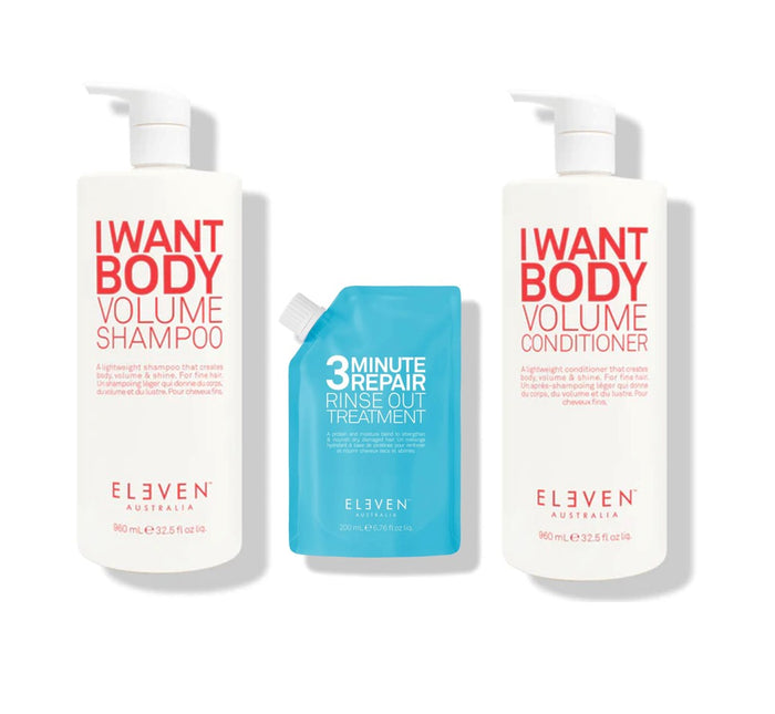 I Want Body Volume shampoo and conditioner with a blue treatment packet on a white background - Hair Care Canada