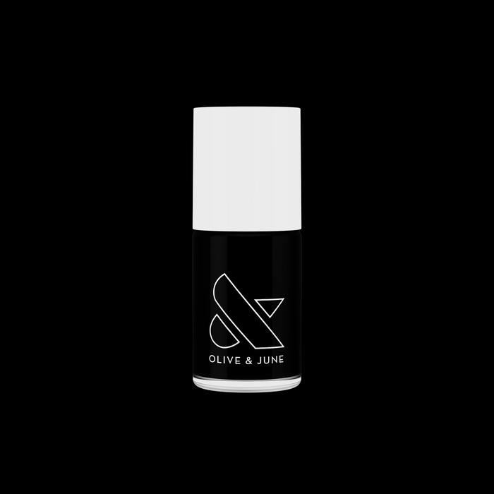 Bottle of E+M nail polish by Olive and June featuring a deep black shade for sleek manicures and pedicures