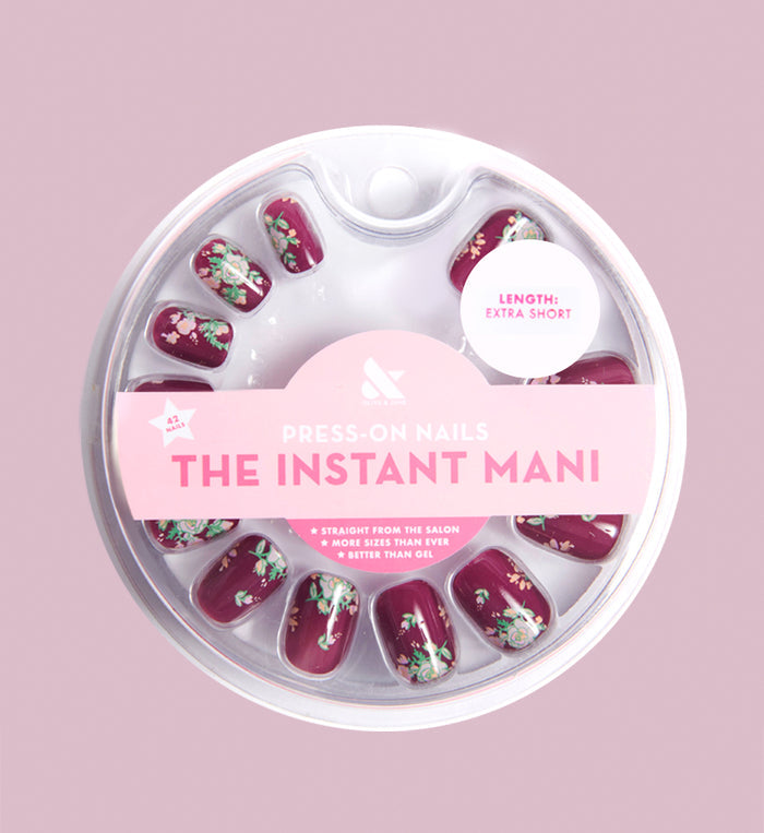 Fall Micro Floral | Squoval | Extra Short press-on nails with deep berry base and delicate fall flower designs for quick mani looks