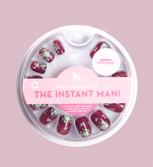 Fall Micro Floral | Squoval | Extra Short press-on nails with deep berry base and delicate fall flower designs for quick mani looks
