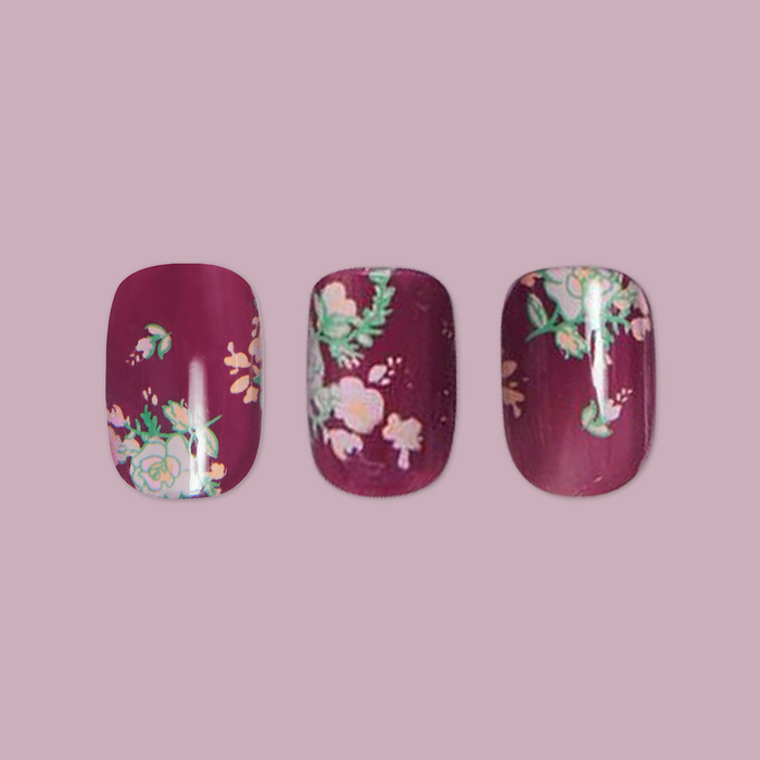 Fall Micro Floral | Squoval | Extra Short press-on nails with berry base and delicate floral accents for an easy at-home mani