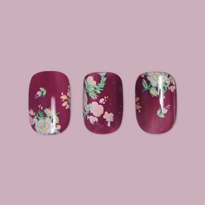 Fall Micro Floral | Squoval | Extra Short press-on nails with berry base and delicate floral accents for an easy at-home mani